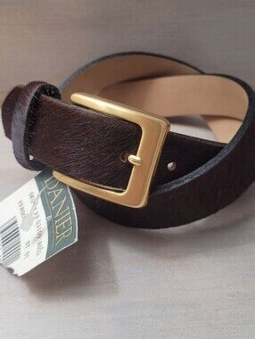Danier Women's Calf Hair Genuine Leather Belt 28 Brown with Gold Buckle NEW